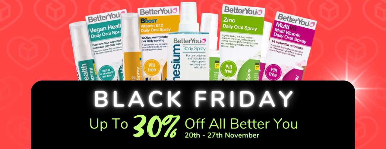 White text on black background saying: 'Black Friday Sale, up to 30% off BetterYou at medino.com'